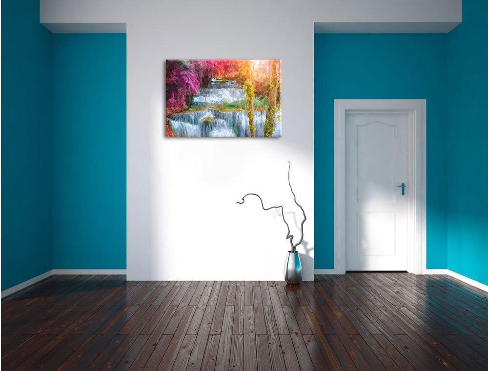 Pixxprint Wasserfall im Regenwald / 100x70cm Leinwandbild bespannt auf Holzrahmen/Wandbild Kunstdruc