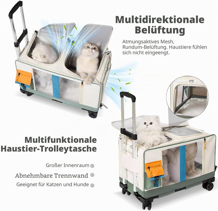 PETCUTE Haustier-Transporttasche mit Zwei Fächern und Abnehmbaren Rädern,Atmungsaktiv,Katzentrage fü