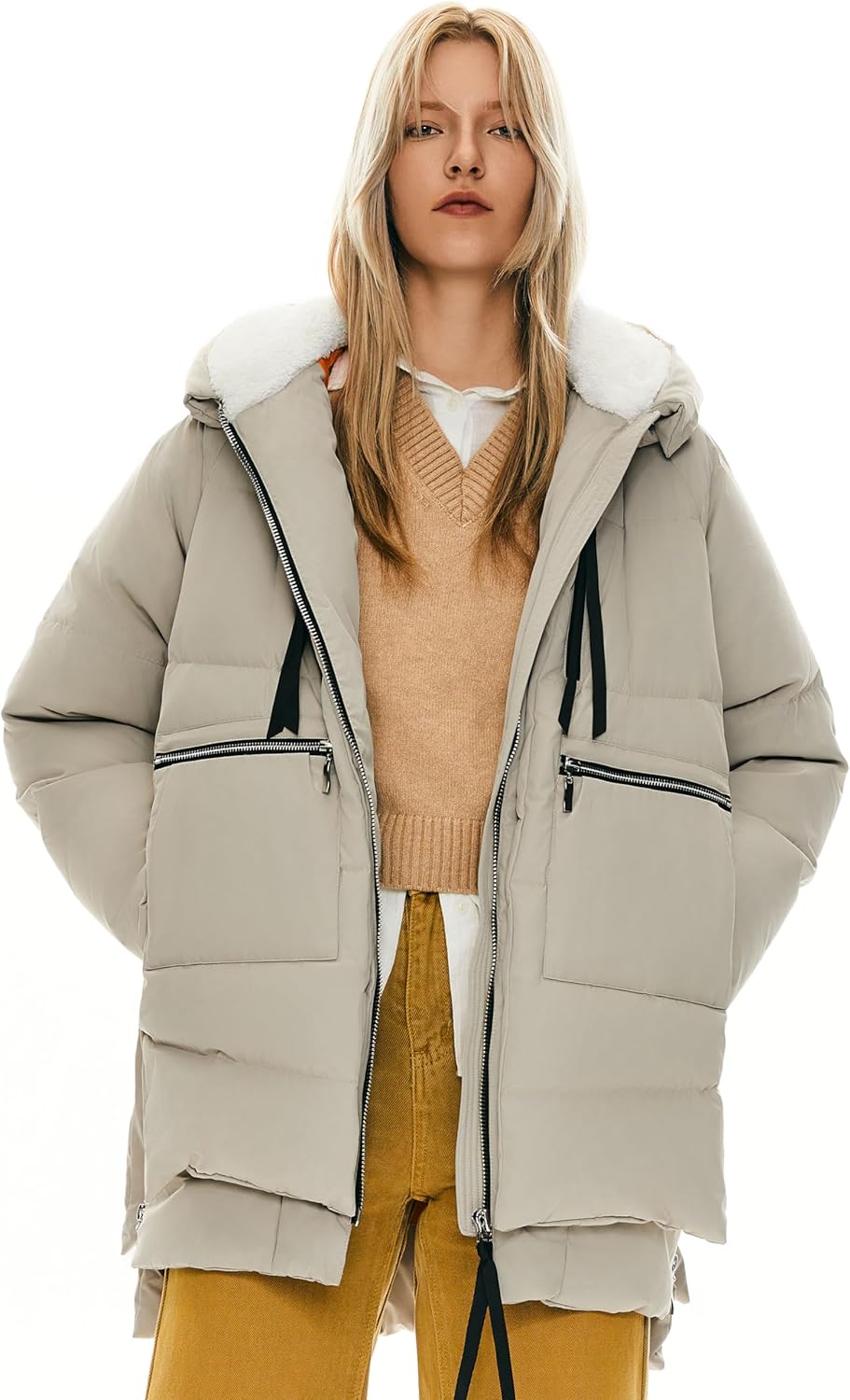 Orolay Winterjacke Damen Verdickte Warme Outdoor Daunenjacke für Damen mit Kapuze, S Beige