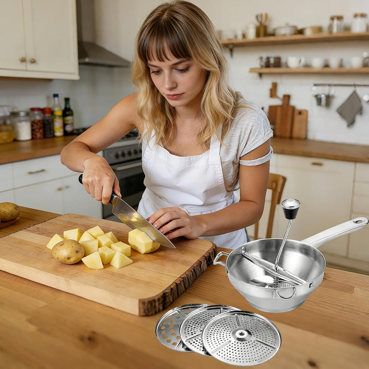 Passiersieb, PassiergeräT, Handkurbel Passiergerät | mit 3 Siebeinsätzen, für Kartoffelpüree, Tomate