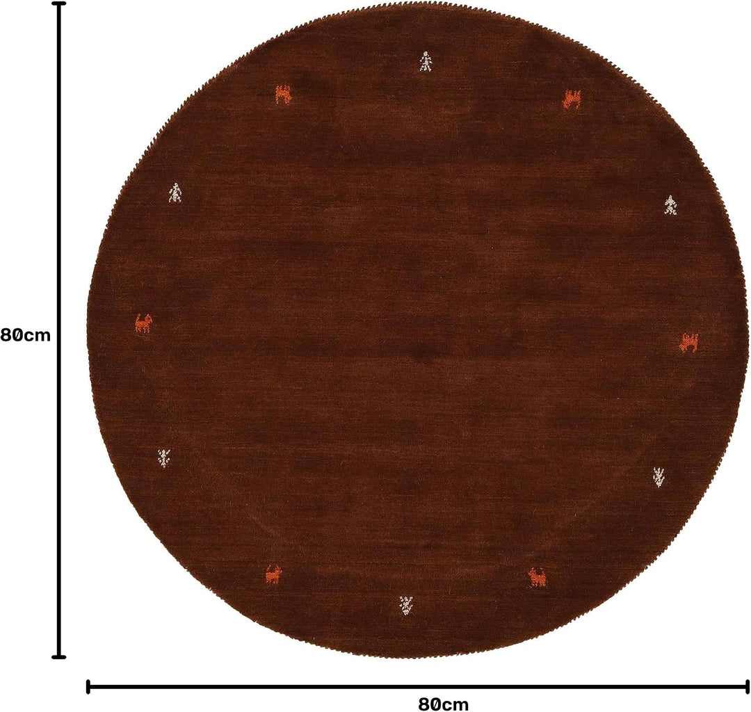 carpetfine Wollteppich Gabbeh Uni Rund Braun Ø 80 | Moderner Teppich für Wohn- und Schlafzimmer Ø 80