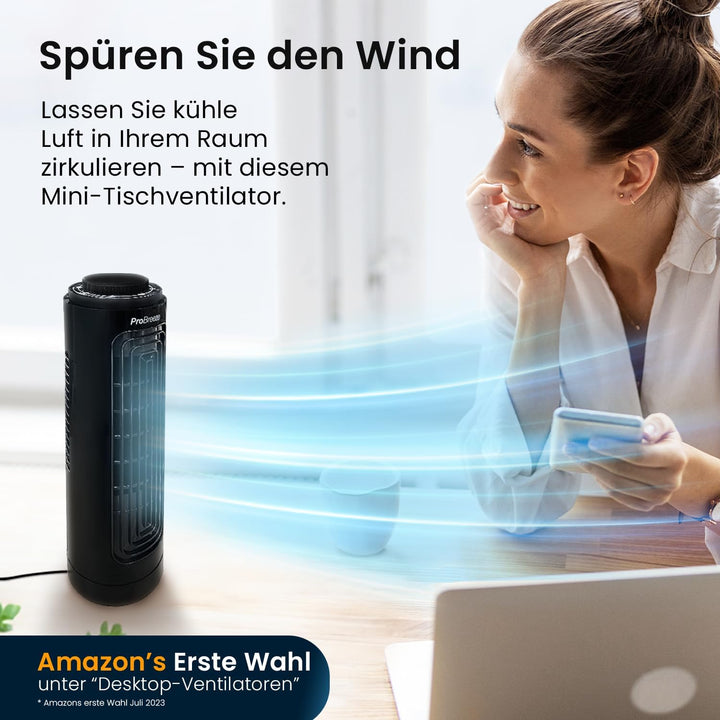 Pro Breeze Mini Tischventilator mit 3 Lüftungsstufen und automatischer 70° Oszillation - Kleiner Tur