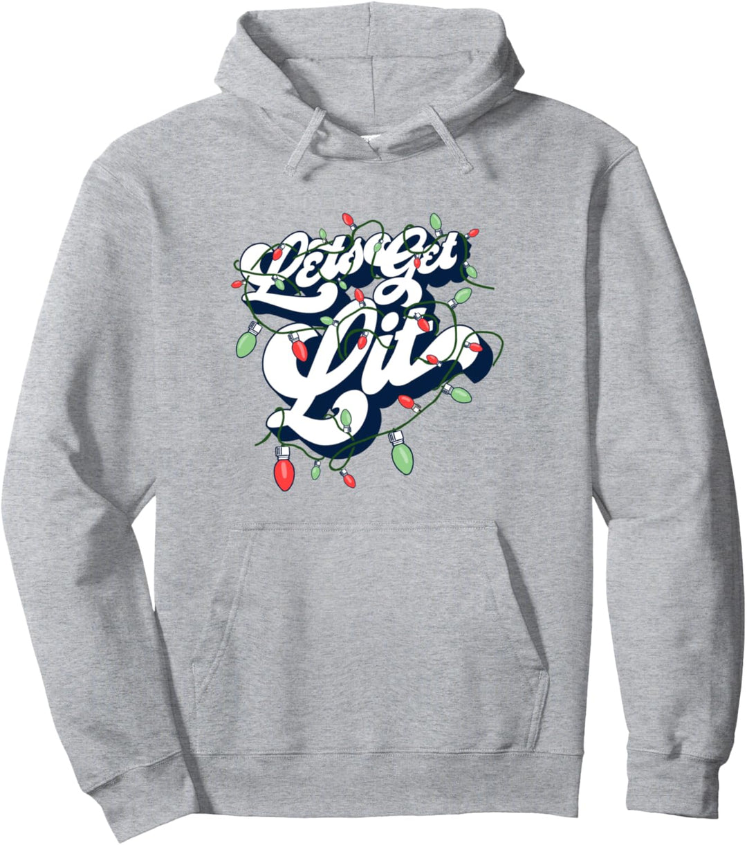 Let's Get Lit! Funny Drinking Christmas Light Graphic Pullover Hoodie
