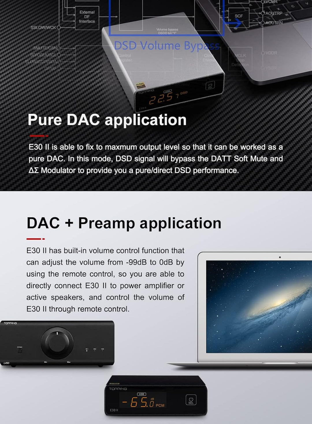 Topping E30 II DAC-Vorverstärker – 2 x AK4493S Hi-Res XMOS XU208 DAC 32 Bit/768 kHz DSD512 DSD Direc