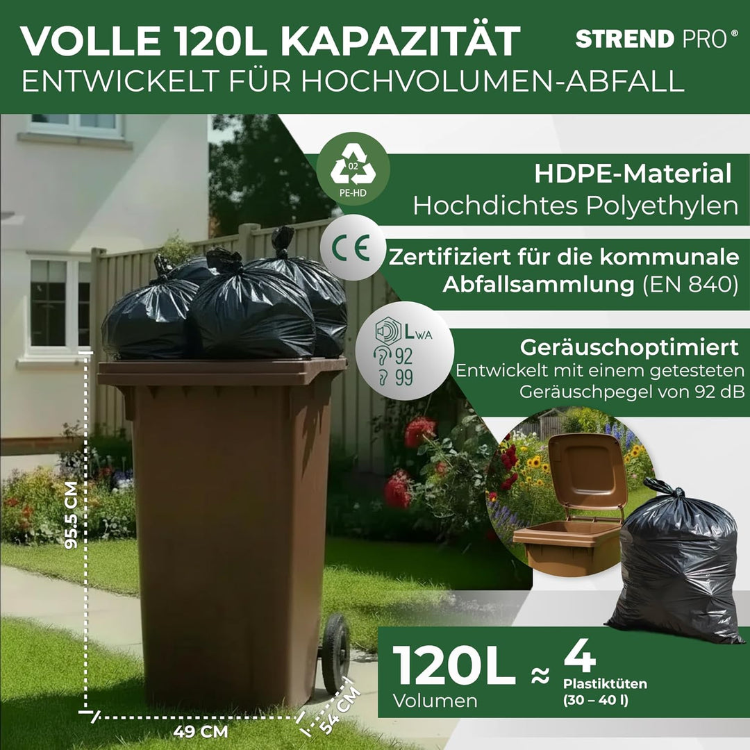 Strend Pro Mülltonne mit 120L Braun | Grosse Tonne Deckel & Rädern | Mülltonnen für Bioabfall & Gart