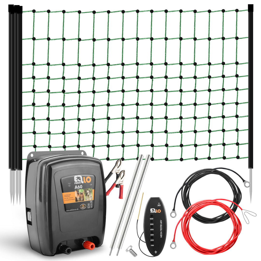 Weidezaun Kleintier Set - Leises 12V Akku Weidezaungerät, 12m elektrifizierbares Netz, Erdung & Zaun