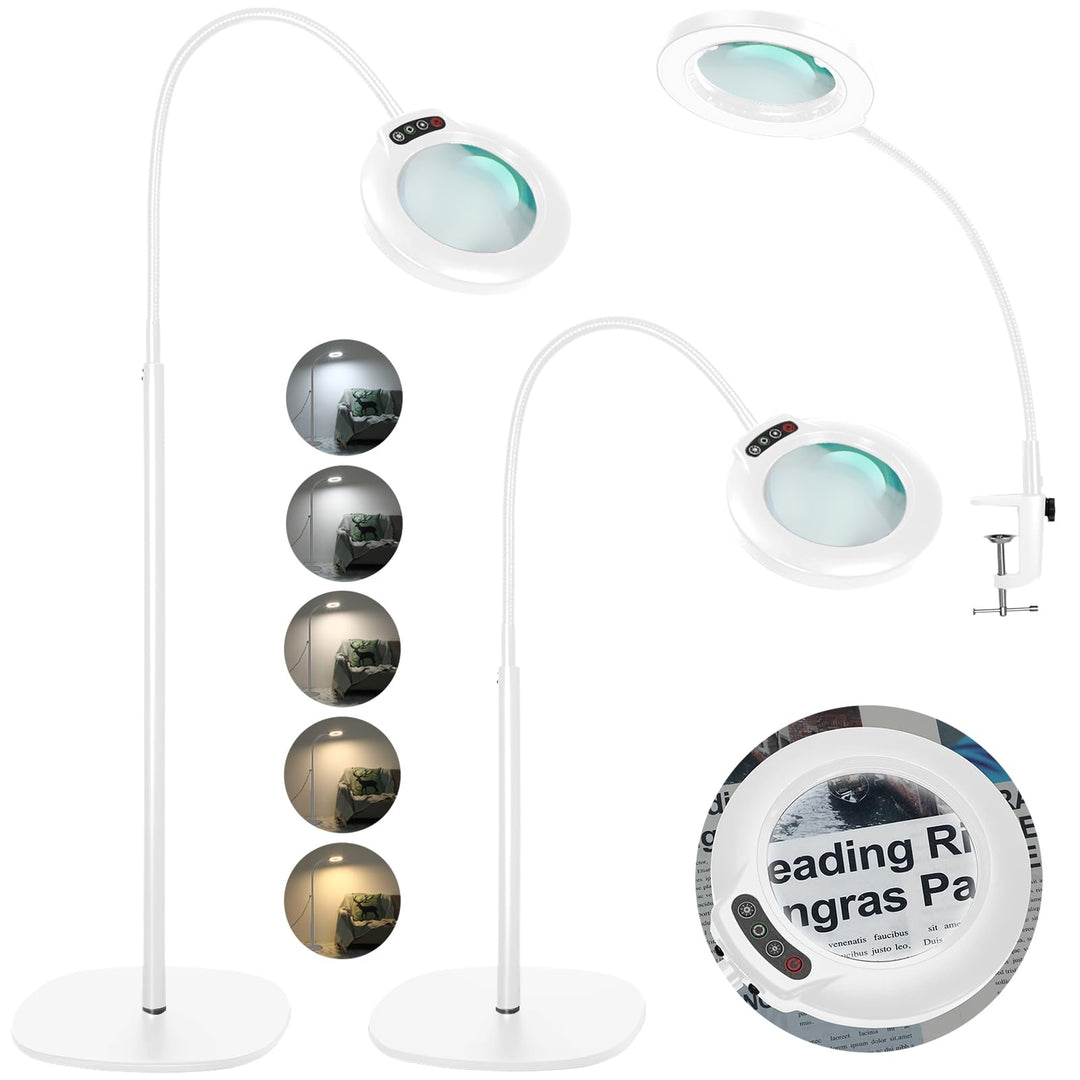 Veemagni 10X Lupe mit Licht und Ständer, 24“ Flexible Schwanenhals-Lupe Stehlampe, 5 Farbmodi Stufen