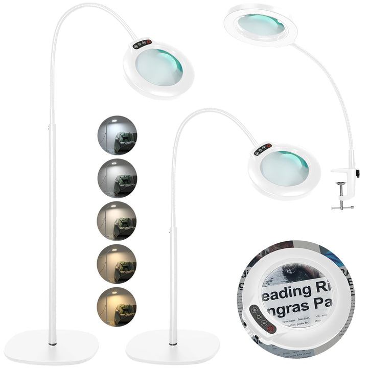 Veemagni 10X Lupe mit Licht und Ständer, 24“ Flexible Schwanenhals-Lupe Stehlampe, 5 Farbmodi Stufen
