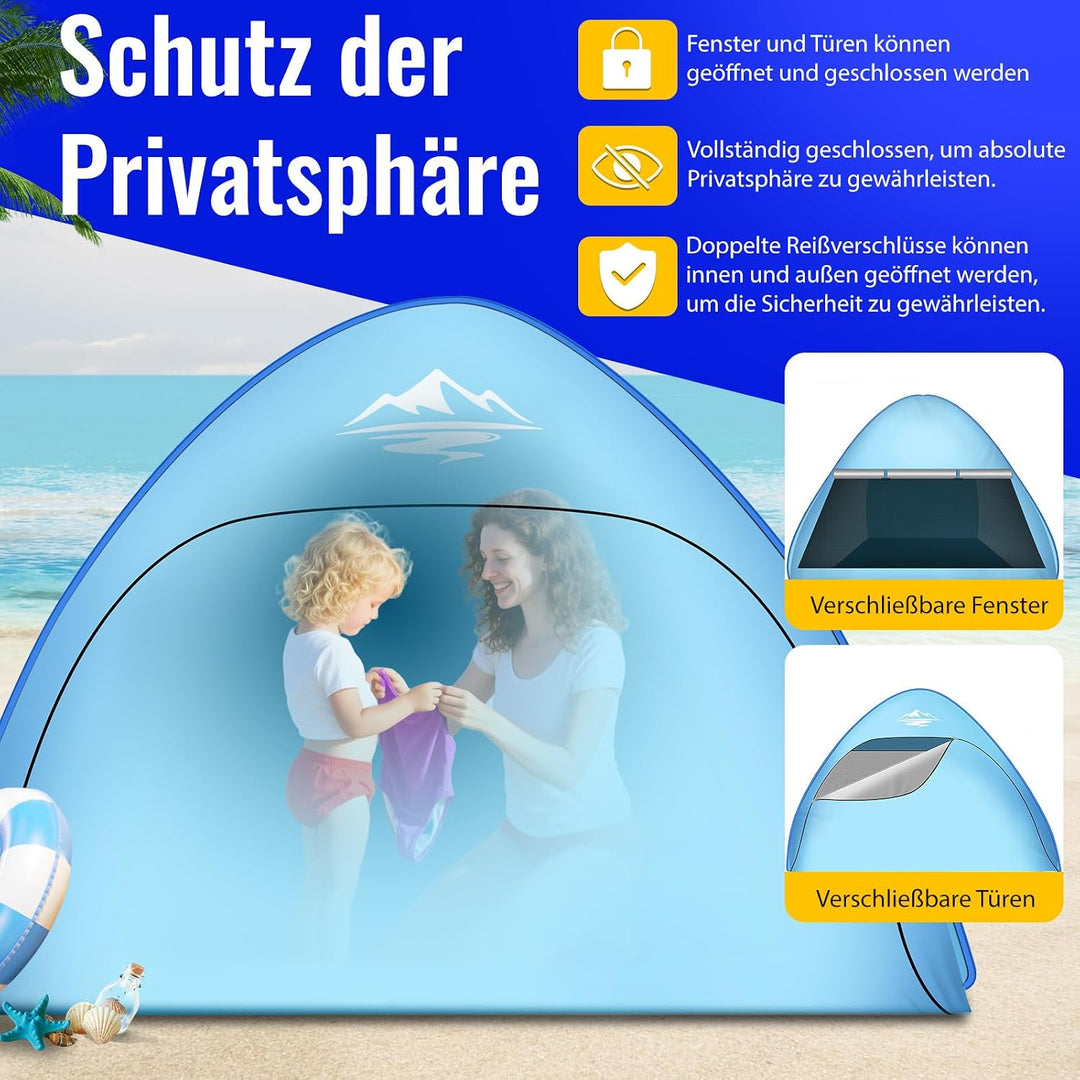 Strandmuschel Pop Up Strandzelt 3-4 Personen, Pop Up Strandmuschel mit Reissverschlusstür UV-Schutz