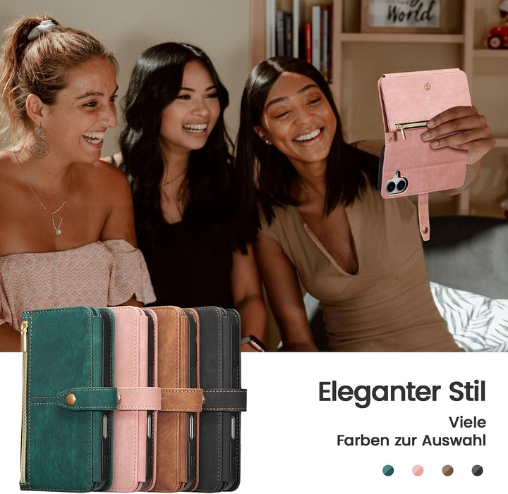 ZCDAYE Hülle für iPhone 16 mit Band Handykette, Leder iPhone 16 Handyhülle Handytasche mit Kartenfäc