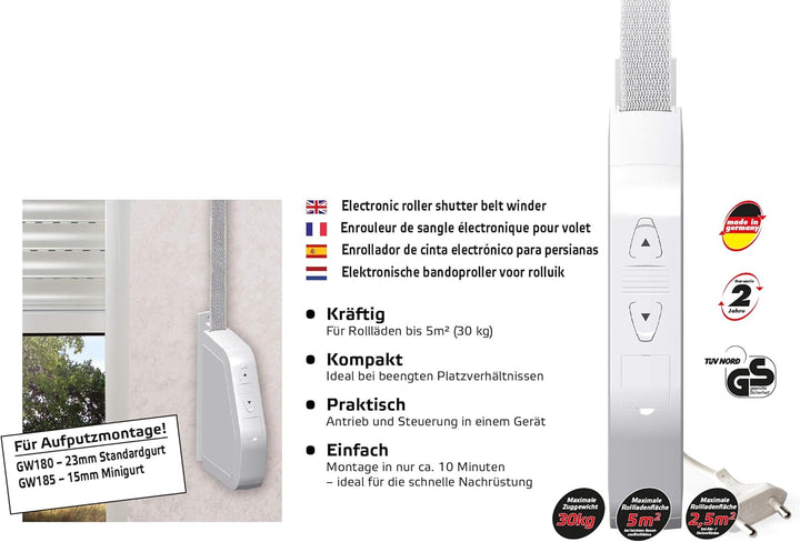 SuperRollo GW180 elektrischer Gurtwickler, Aufputz Schwenkwickler, für 23 mm Gurtband, Rolladenantri