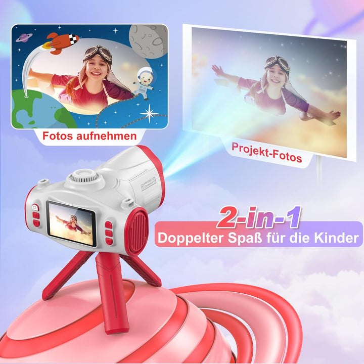 Kinderkamera mit Projektionskamera, 3 in 1 Videokamera,1080P mit 32GB-Karte, 2.4-Zoll-Bildschirm,Ges
