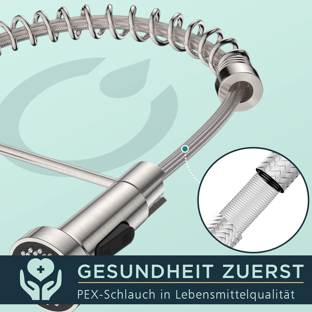 FORIOUS Wasserhahn Küche, Hoher Bogen Hochdruck Küchenarmatur mit Herunterziehen Brause Armatur, Mis