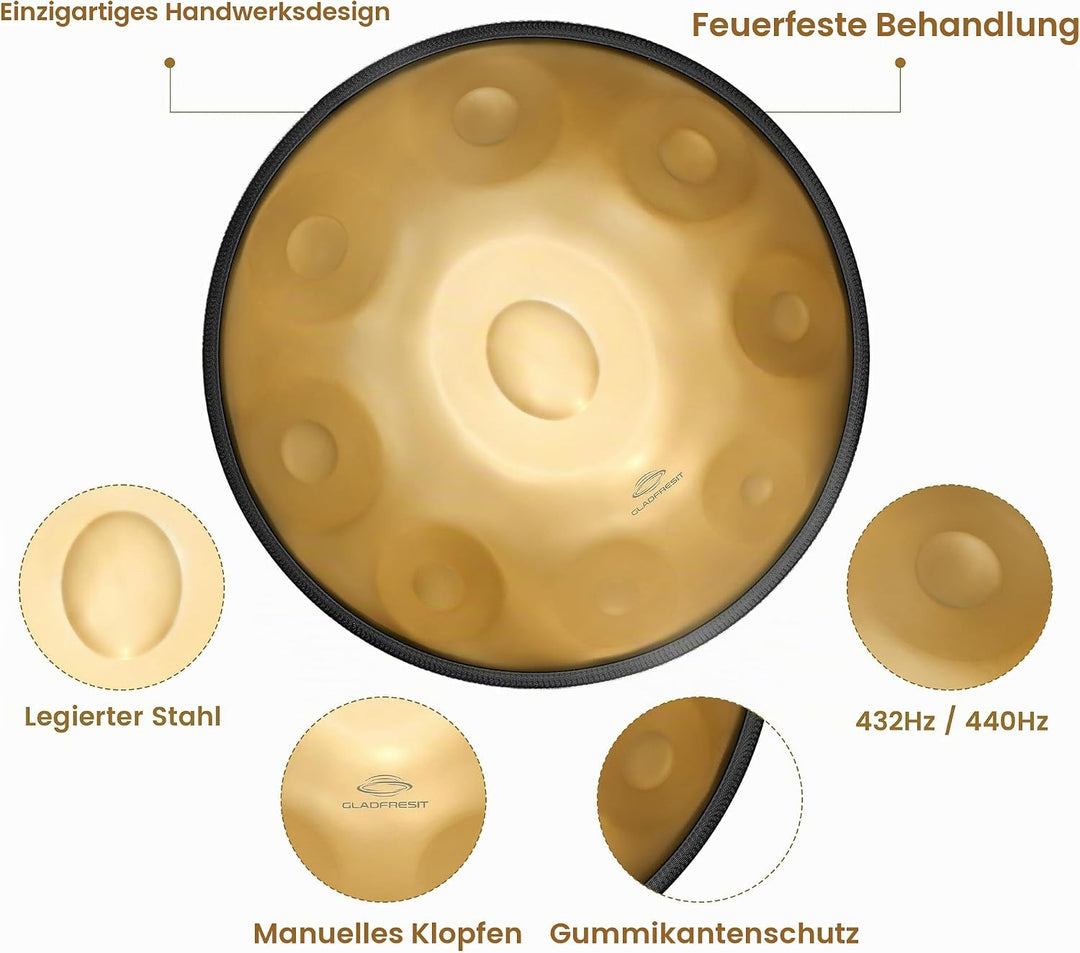 GLADFRESIT 432hz Handpan Steel Drum 9 Notes 22inch "GOLD Performer" in D Minor with handpan stand, h