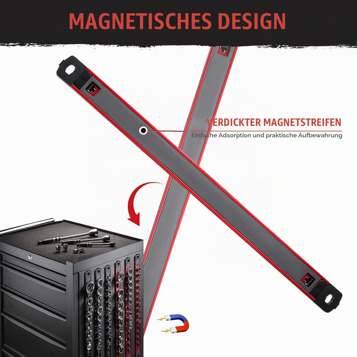 ACEBON Magnetische Stecknuss-Rail 3-tlg, Aluminium Steckschlüssel-Organizer mit 40 Drehbare Clips fü