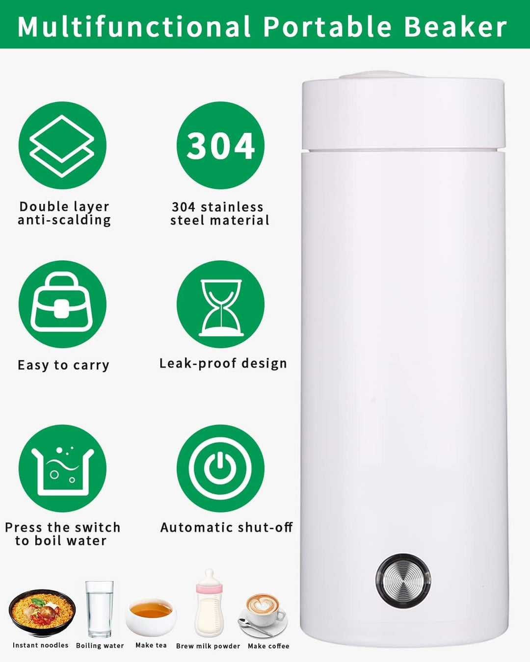 Elektrischer Mini-Wasserkocher für unterwegs, 450 ml, tragbarer Edelstahl-Wasserkocher mit zwei Unte