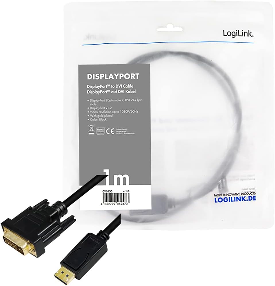 LogiLink CV0130 - DisplayPort (v1.2) auf DVI-D (24+1) Anschlusskabel für FULL HD Auflösungen von 108