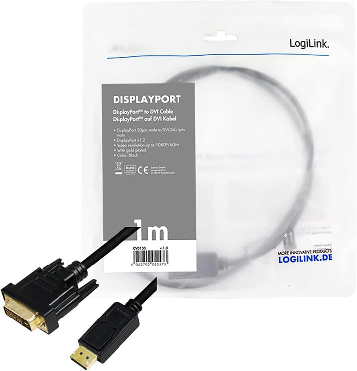 LogiLink CV0130 - DisplayPort (v1.2) auf DVI-D (24+1) Anschlusskabel für FULL HD Auflösungen von 108