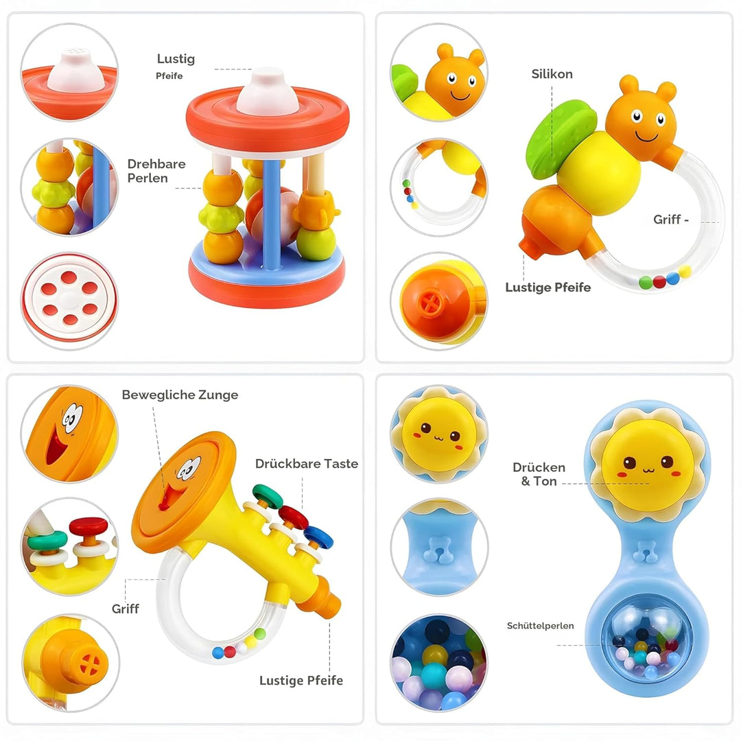 MOONTOY Baby Rassel BeissRing Set Baby Spielzeug ab 0 1 2 3 4 5 6 7 8 9 10 11 12 Monate, 12PCS Shake