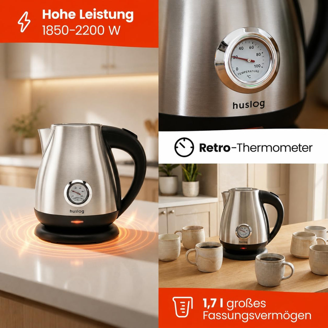 Retro Wasserkocher 1,7L aus Edelstahl, 2200W, mit Temperaturanzeige, Schnellkochfunktion, kabellos m