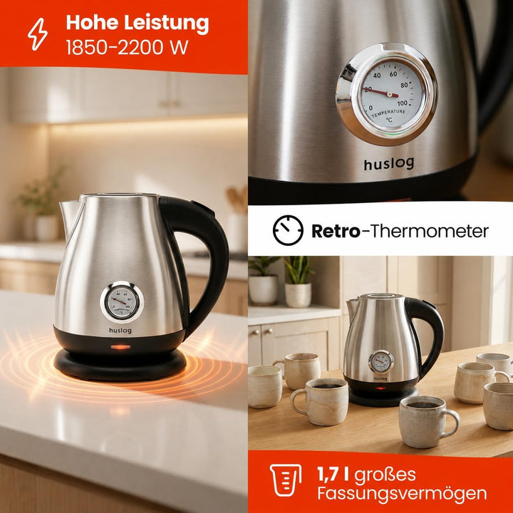 Retro Wasserkocher 1,7L aus Edelstahl, 2200W, mit Temperaturanzeige, Schnellkochfunktion, kabellos m