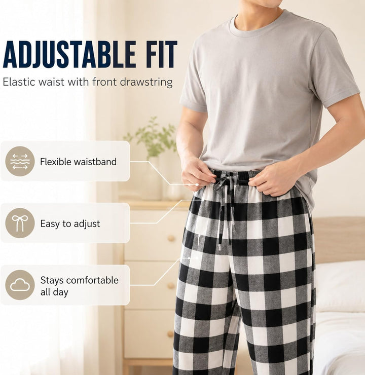 Herren 100% Baumwolle Flanell Bequeme Pyjama/Lounge Bottoms mit Taschen XL Black White Check, XL Bla