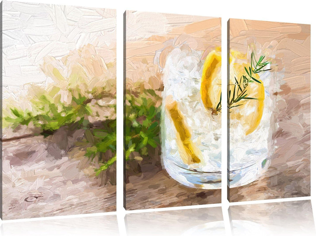 Pixxprint Gin Tonic, Lemon, Drinks on Ice Pinsel Effekt 3-Teiler Leinwandbild 120x80 Bild auf Leinwa