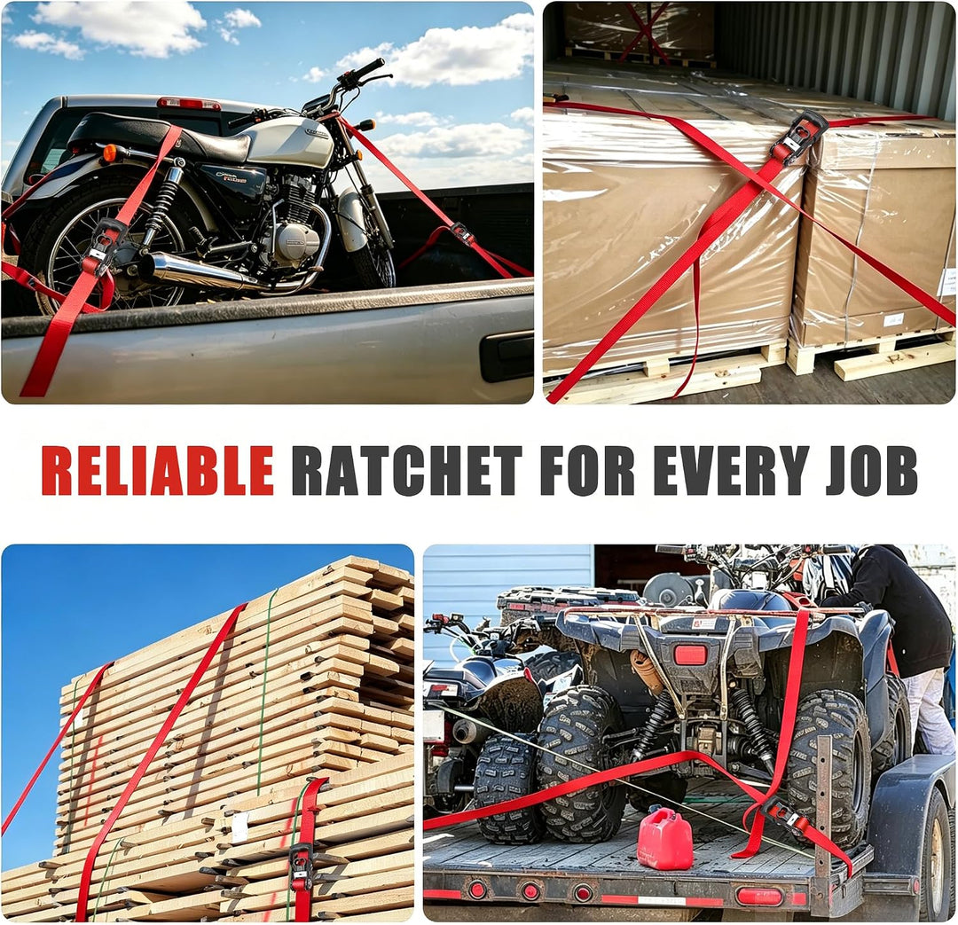 AWELCRAFT 4 Stück Ratsche Spanngurte – 1500 kg Bruchfestigkeit, 3,8 cm x 3 m, Rote Spanngurte mit ge