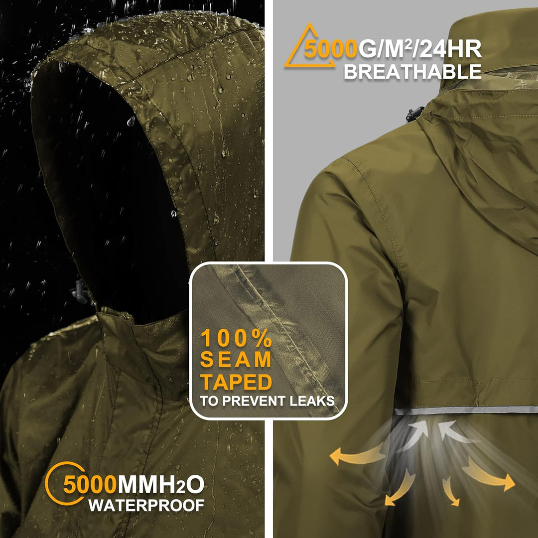 Outdoor Ventures Herren Regenjacke Wasserdichter Pullover mit Kapuze Packbare Reflektierende Jacke L