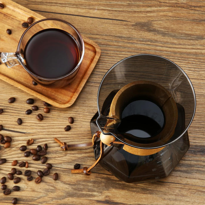 Lalord Pour Over Kaffeebereiter mit Edelstahlfilter, 600 ml Borosilikatglas Kaffeekaraffe, Holzkrage