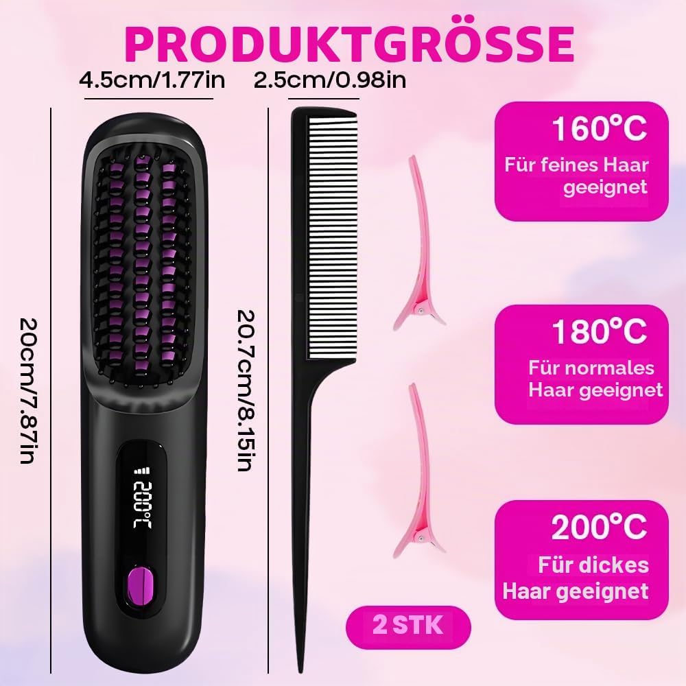 Stylingbürste für Kurze Haare, Haarbürste Elektrisch, Tragbare Glättbürste Kabellos mit LED-Anzeige,