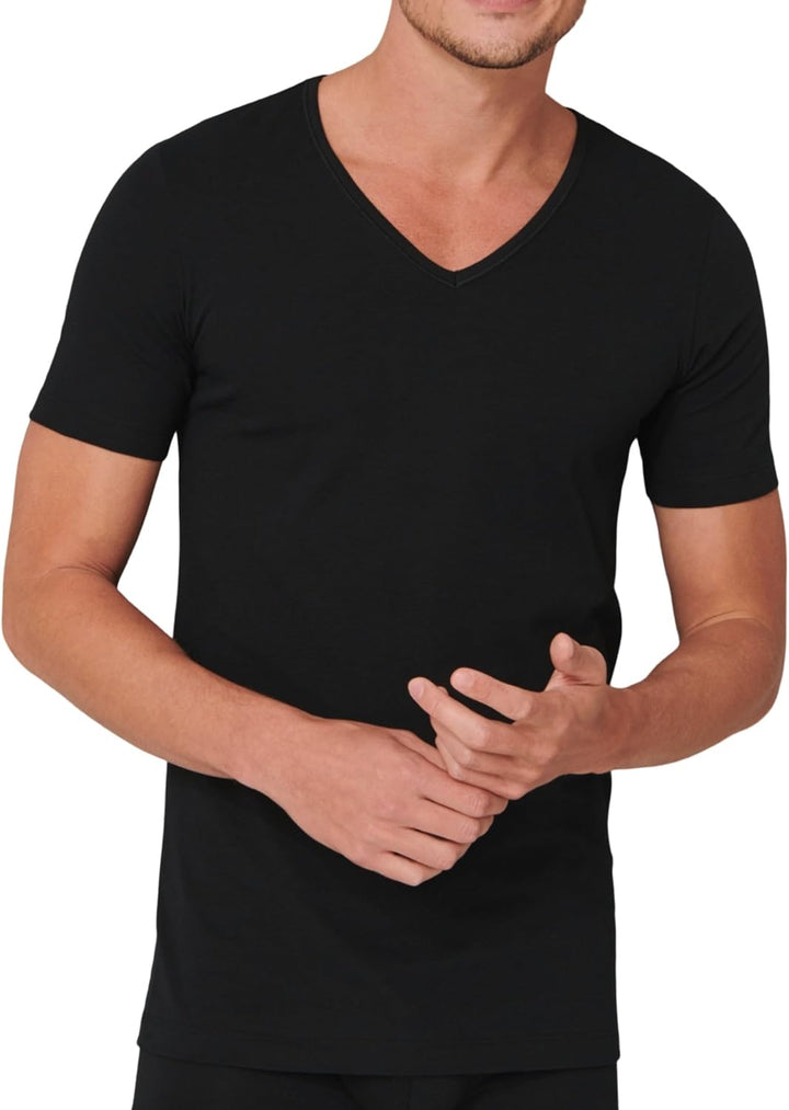 Schiesser Herren 2 PACK Unterhemd V-Ausschnitt mit Arm Bio Baumwolle - 95/5 Organic S Schwarz_173982