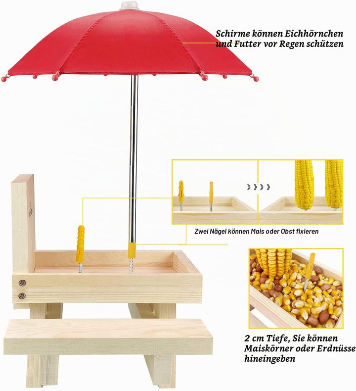 MIXXIDEA Eichhörnchen-Futterstation mit Regenschirm,hölzerner Eichhörnchen-Picknick-Tisch Futterspen
