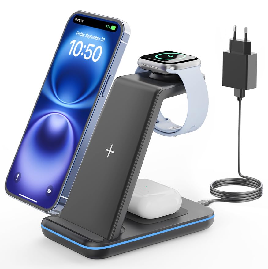GEEKERA Wireless Charger, 3 in 1 Induktive Ladestation für iPhone 16/15/14/13/12/11/Pro Max, Ladesta