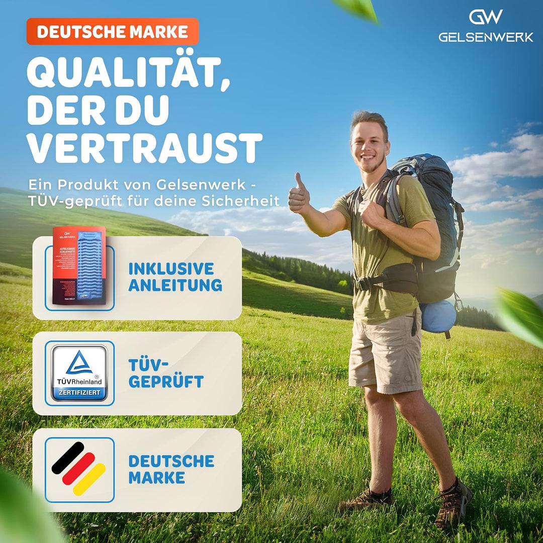 Isomatte Camping Ultraleicht 10cm & kleines Packmass - Camping Luftmatratze mit Fusspumpe & Kopfkiss