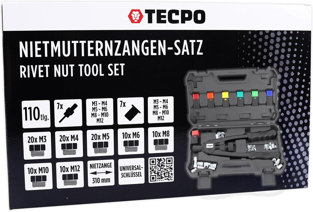 TECPO Profi Nietmutternzangen Satz M3-M12 Niet-Zange mit Nietmuttern Nieten Satz 110-teilig