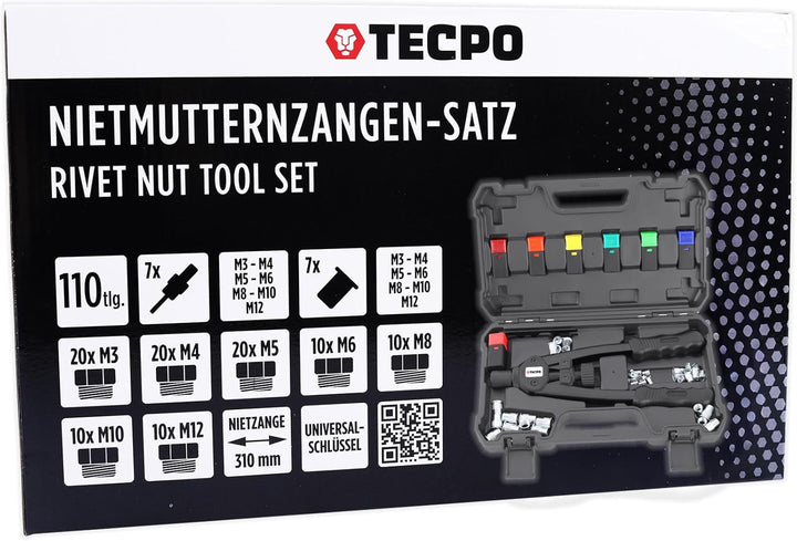 TECPO Profi Nietmutternzangen Satz M3-M12 Niet-Zange mit Nietmuttern Nieten Satz 110-teilig