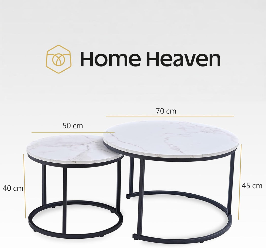 Home Heaven® Couchtisch rund Marmor 2er Set – Runder Couch Tisch in Weiss Marmor Optik mit Schwarze