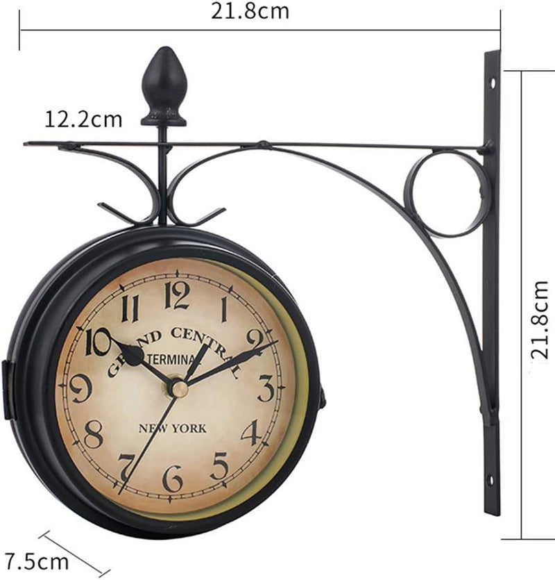 QOTSTEOS Doppelseitige Wanduhr, Retro Bahnhofsuhr, Vintage Quarz Glockenuhr Doppelseitige Garten Ret