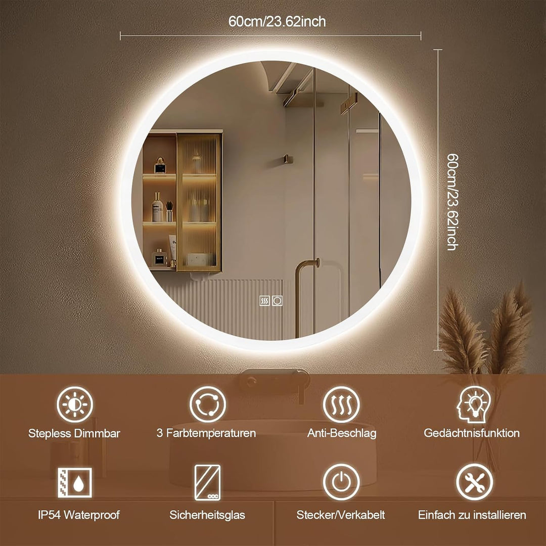 60cm runder LED Badezimmerspiegel mit Beleuchtung - Kosmetikspiegel mit Berührungssensor, 3 Lichtfar
