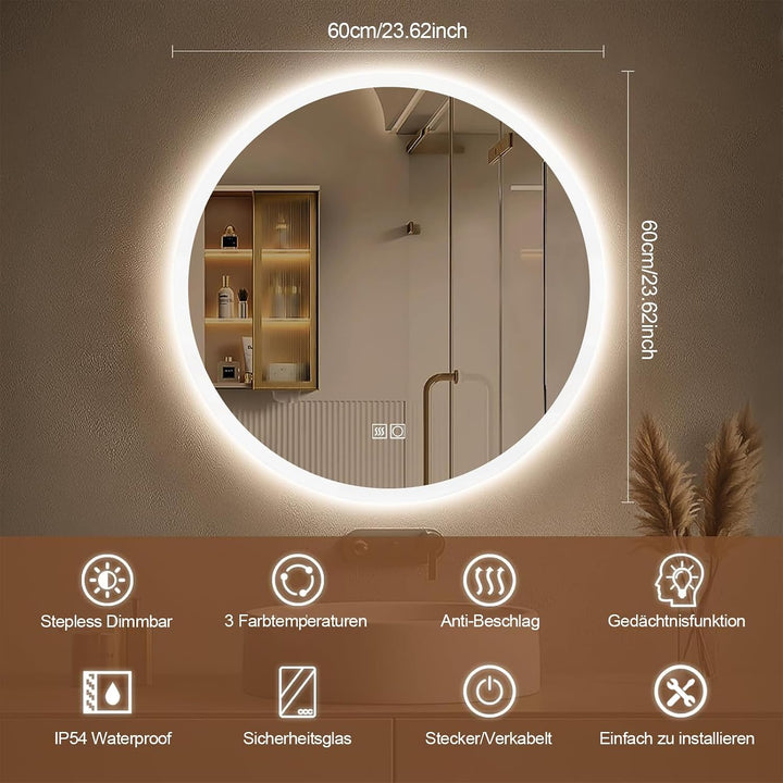 60cm runder LED Badezimmerspiegel mit Beleuchtung - Kosmetikspiegel mit Berührungssensor, 3 Lichtfar