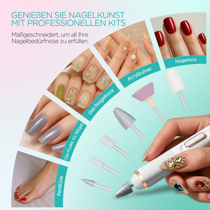 VOGOE Elektrische Nagelfeile, Kabelloser Nagelfräser mit LED-Licht, Einstellbare Geschwindigkeit & 2