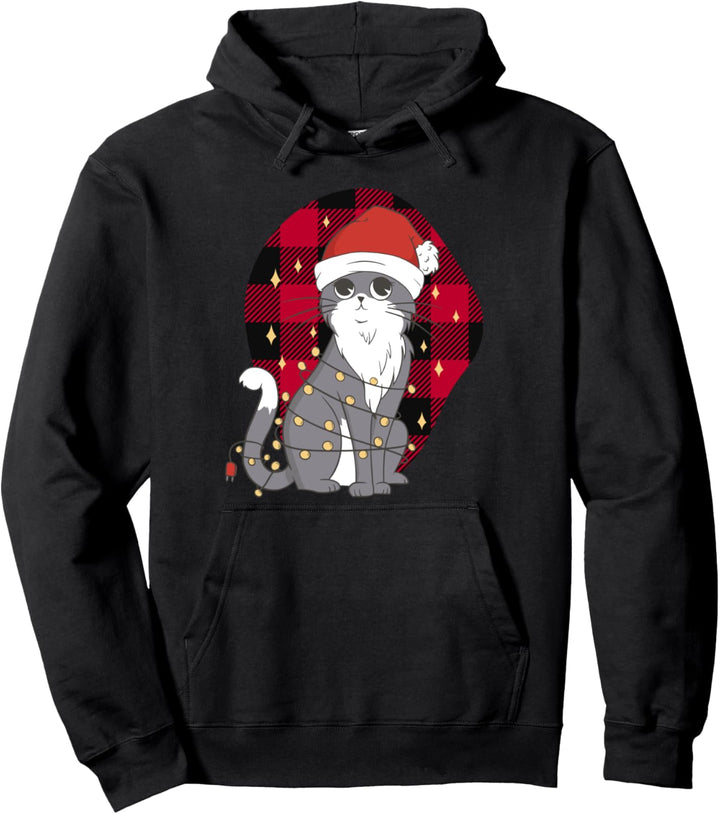 Katze mit Weihnachtsbaumbeleuchtung, Buffalo Plaid Xmas Pullover Hoodie