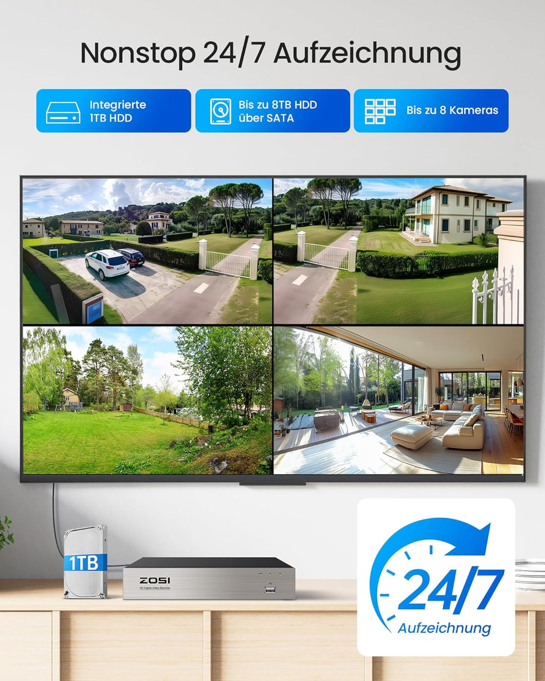 ZOSI 5MP Kabelgebunden Überwachungskamera Set mit Audio, 8CH 1TB DVR und 8X PTZ Domekameras Aussen,