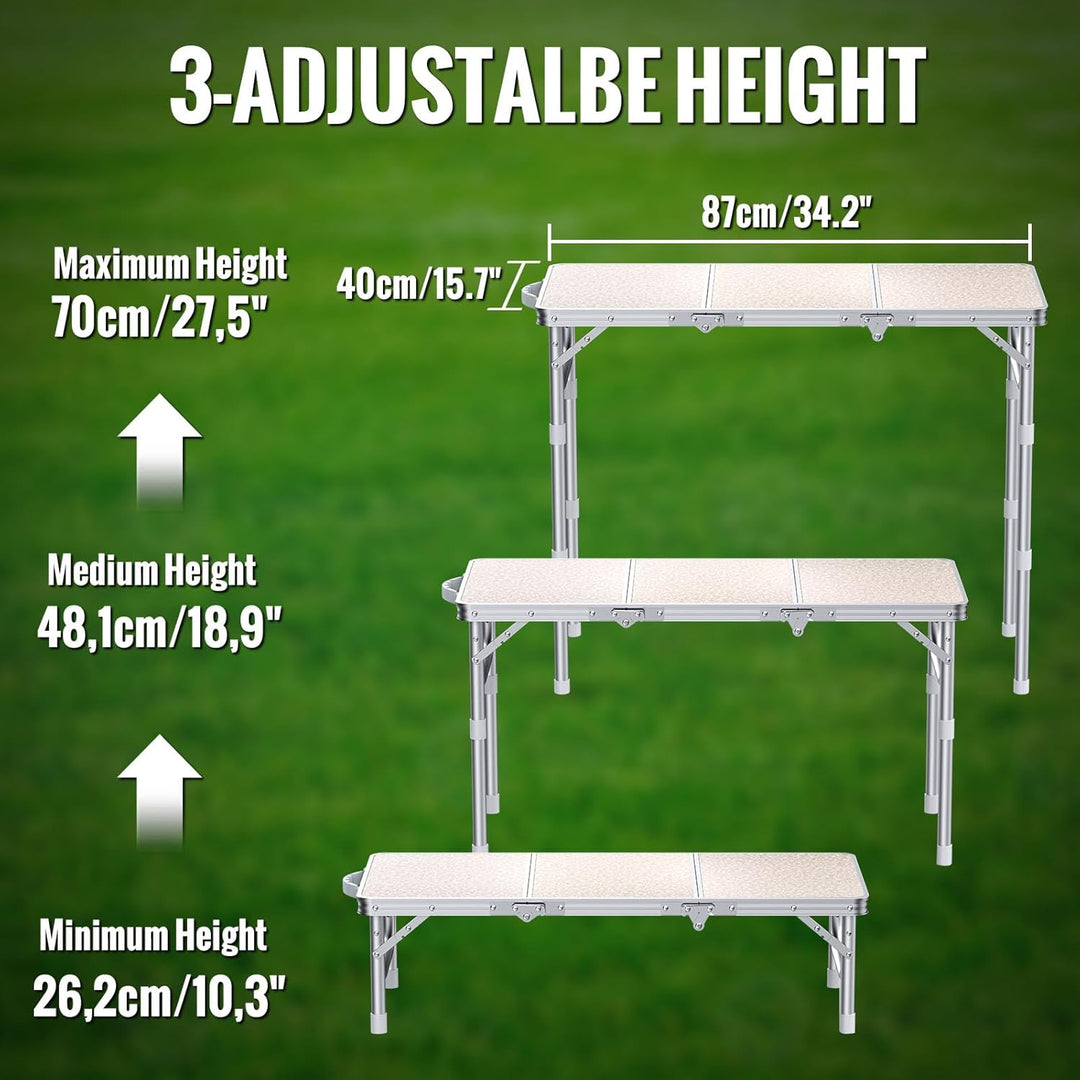 Campingtisch klappbar, 87x40cm & 3 einstellbare Höhen(26/48/70cm), Klapptisch Camping Tisch, Tragbar