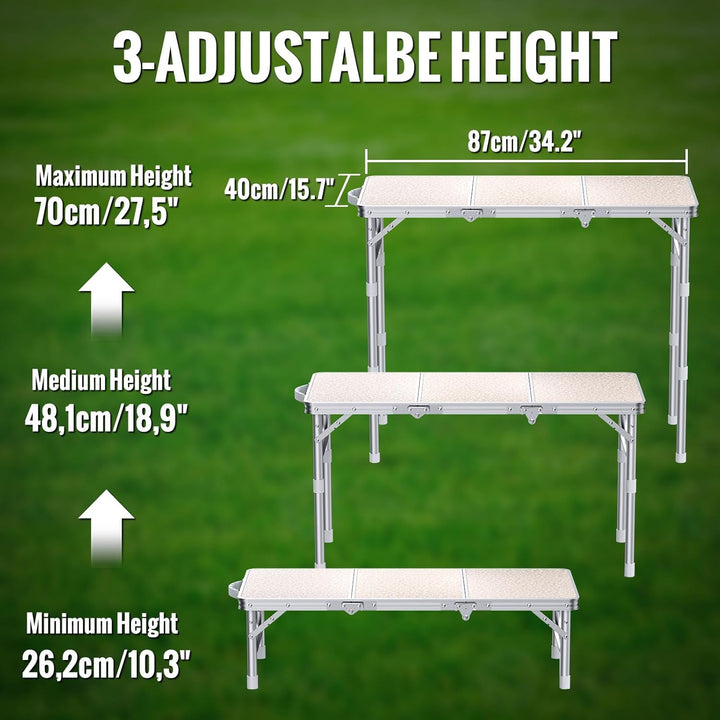 Campingtisch klappbar, 87x40cm & 3 einstellbare Höhen(26/48/70cm), Klapptisch Camping Tisch, Tragbar