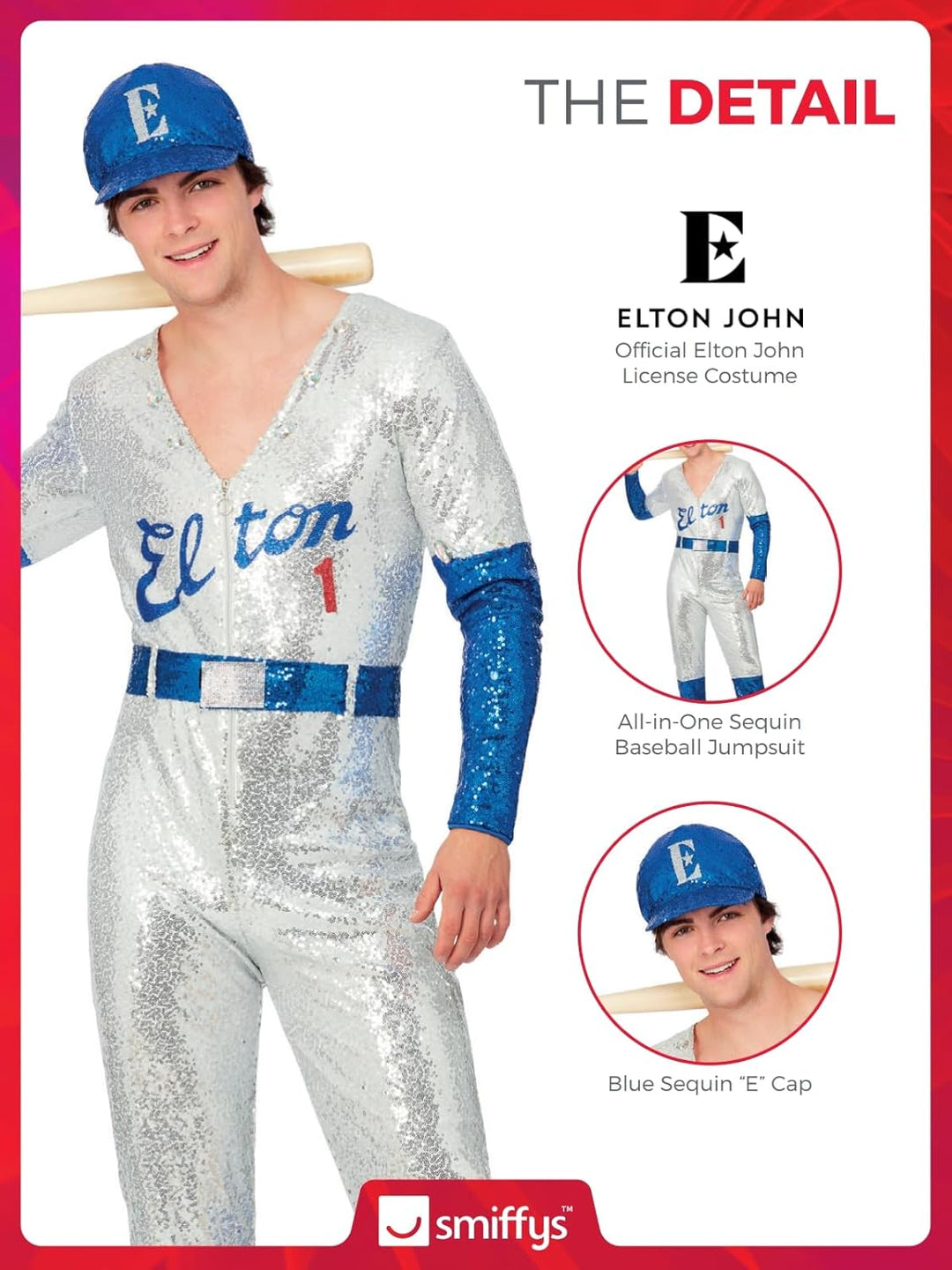 Smiffys Herren Smiffys Officially Licensed Elton John Deluxe Sequin Baseball Costume Smiffys Offizie