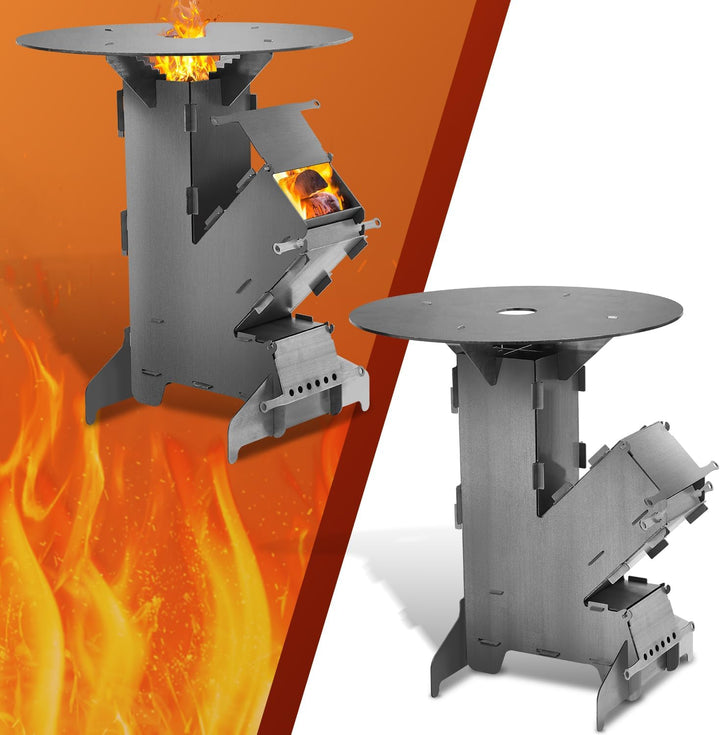 Fiqops Raketenofen Rocket Stove mit Grillplatte –Tragbarer Camping Holzofen mit Feuerhaken & Aschefa