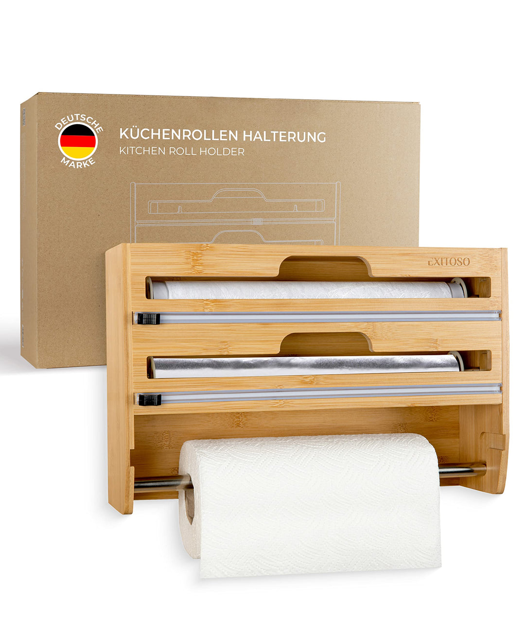 Exitoso 3-in-1 Folienschneider aus Bambus | Küchenrollenhalter Frischhaltefolienspender & Alufoliens