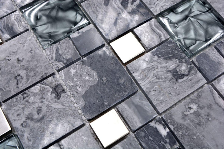 Glasmosaik Kombination Crystal/Stein/Stahl mix grau Transluzent Transparent 3D, Mosaikstein Format: